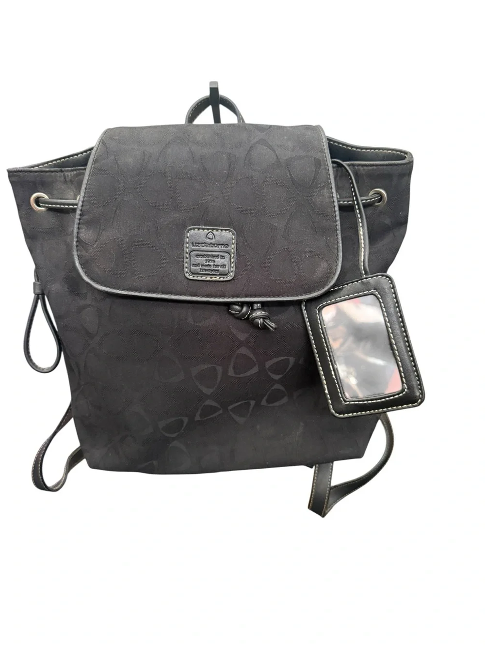 Liz Claiborne Black Logo-Pattern Drawstring Flap Backpack with ID Tag